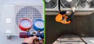 Technician inspecting and maintaining an air conditioning system