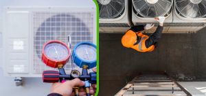 Technician inspecting and maintaining an air conditioning system